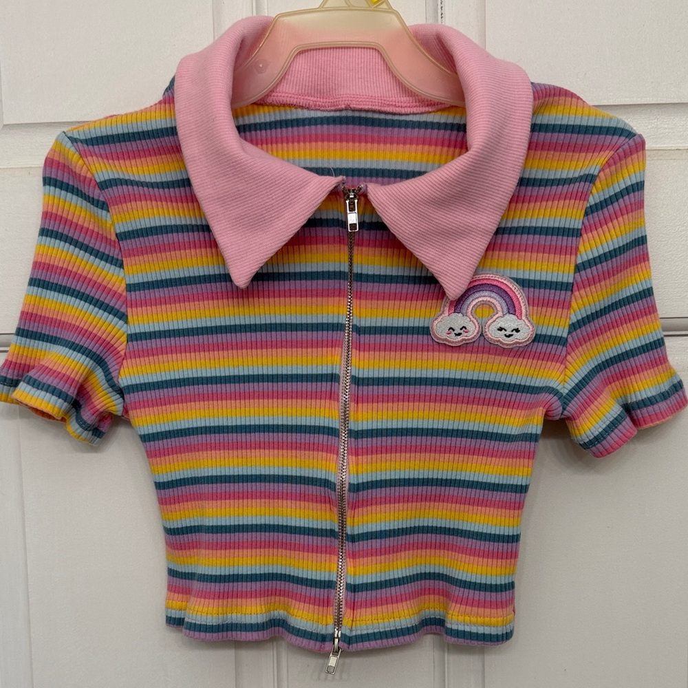 SHEIN Multicolor Striped Crop Top with Pink Collar